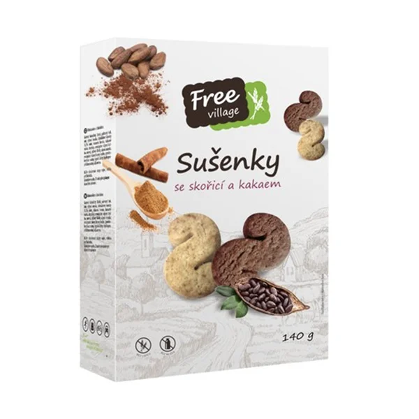 free village sušenky se skořicí a kakaem, bez lepku 140g free village sušenky se skořicí a kakaem, bez lepku 140g